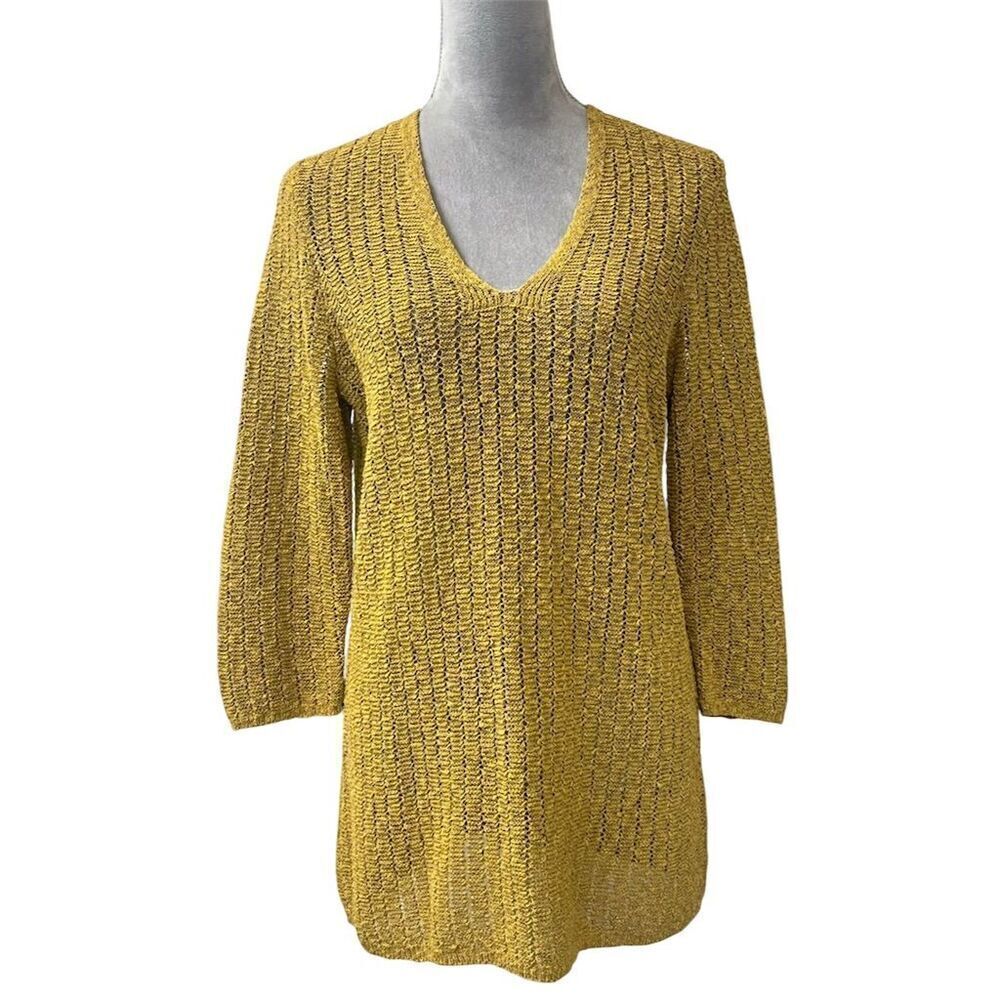J. Jill Yellow V-Neck Open Stitch 3/4 Sleeve Sweater M Fall Warm Cottagecore